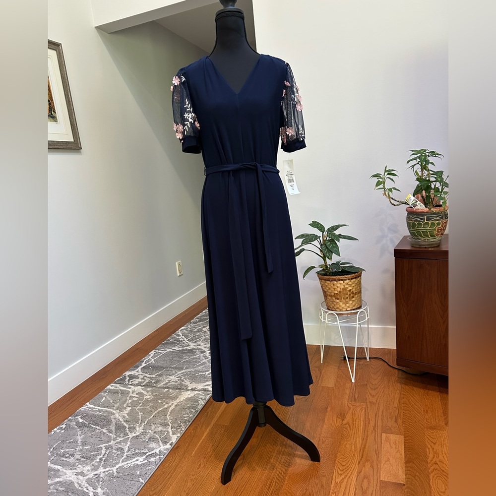 NWT. MSK Navy Maxi Dress with Pink Floral Sleeves